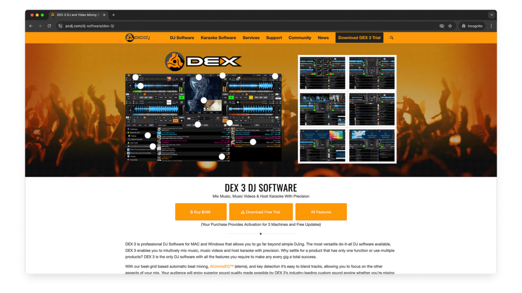 Screenshot of the DEX 3 by PCDJ website