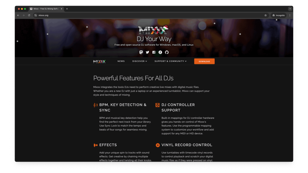 Screenshot of the MIXXX DJ Software website